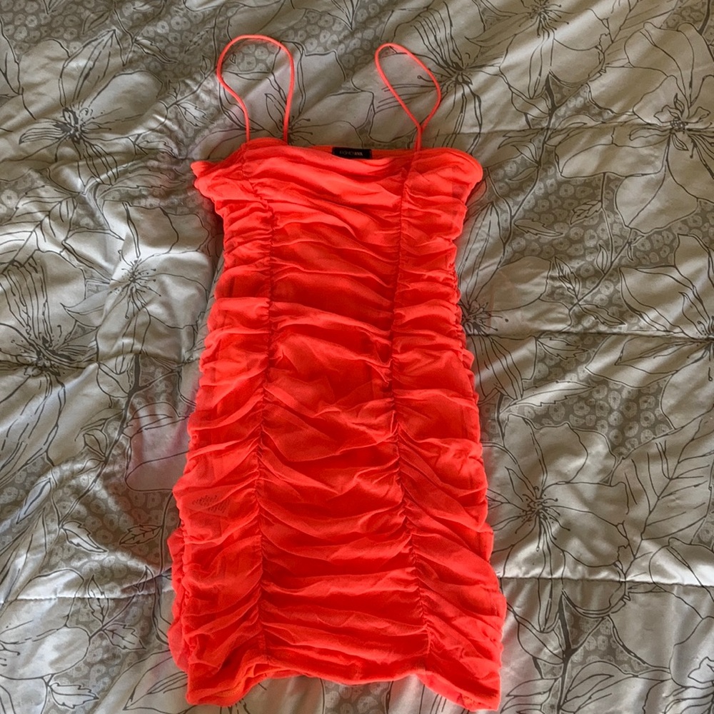 Neon Coral Ruched Dress 🍑🍊